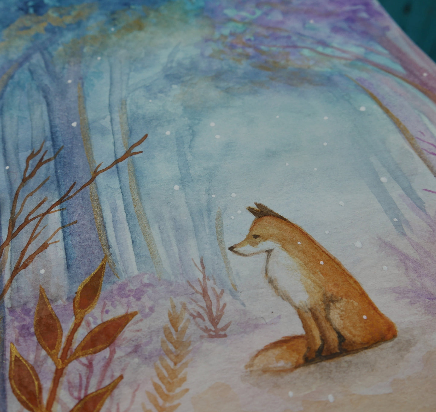 Affiche originale 5x7 Renard mystique peint à l'aquarelle