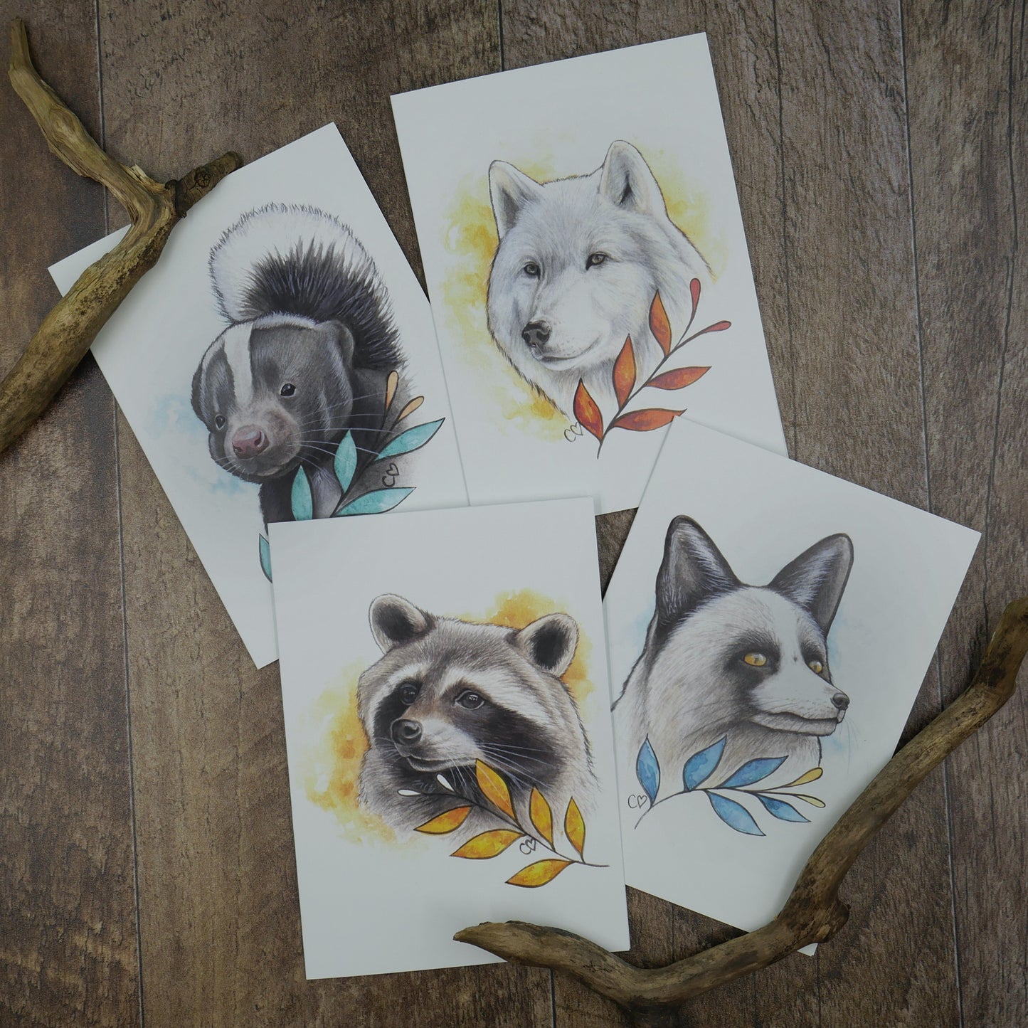 Quatuor de cartes animaux du refuge Lobadanaki peints à l'aquarelle, pour chaque ensemble vendu, 10$ iront au refuge