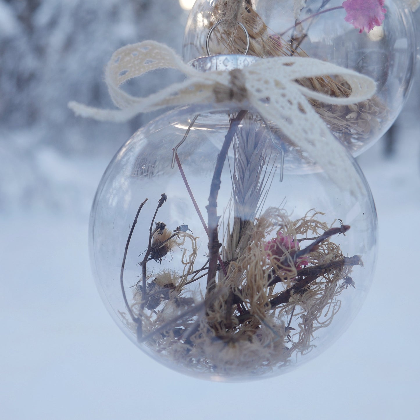 duo de boules en plastiques contenant des herbes et fleurs séchées