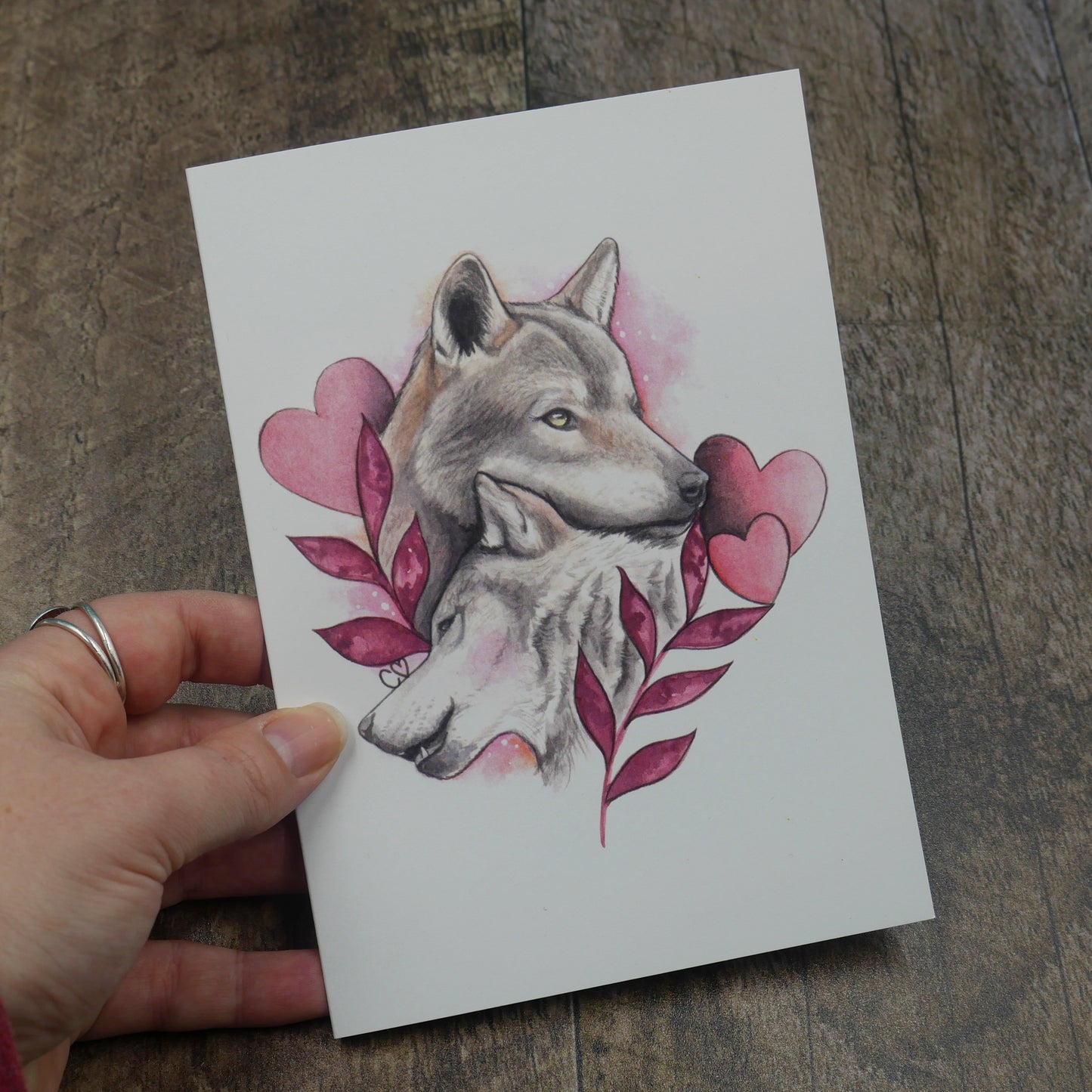 Carte de voeux couple de loups à l'aquarelle