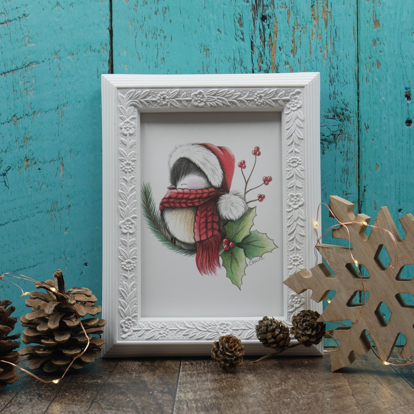 Affiche mésange à tête noire avec chapeau de Noel et branches de sapin