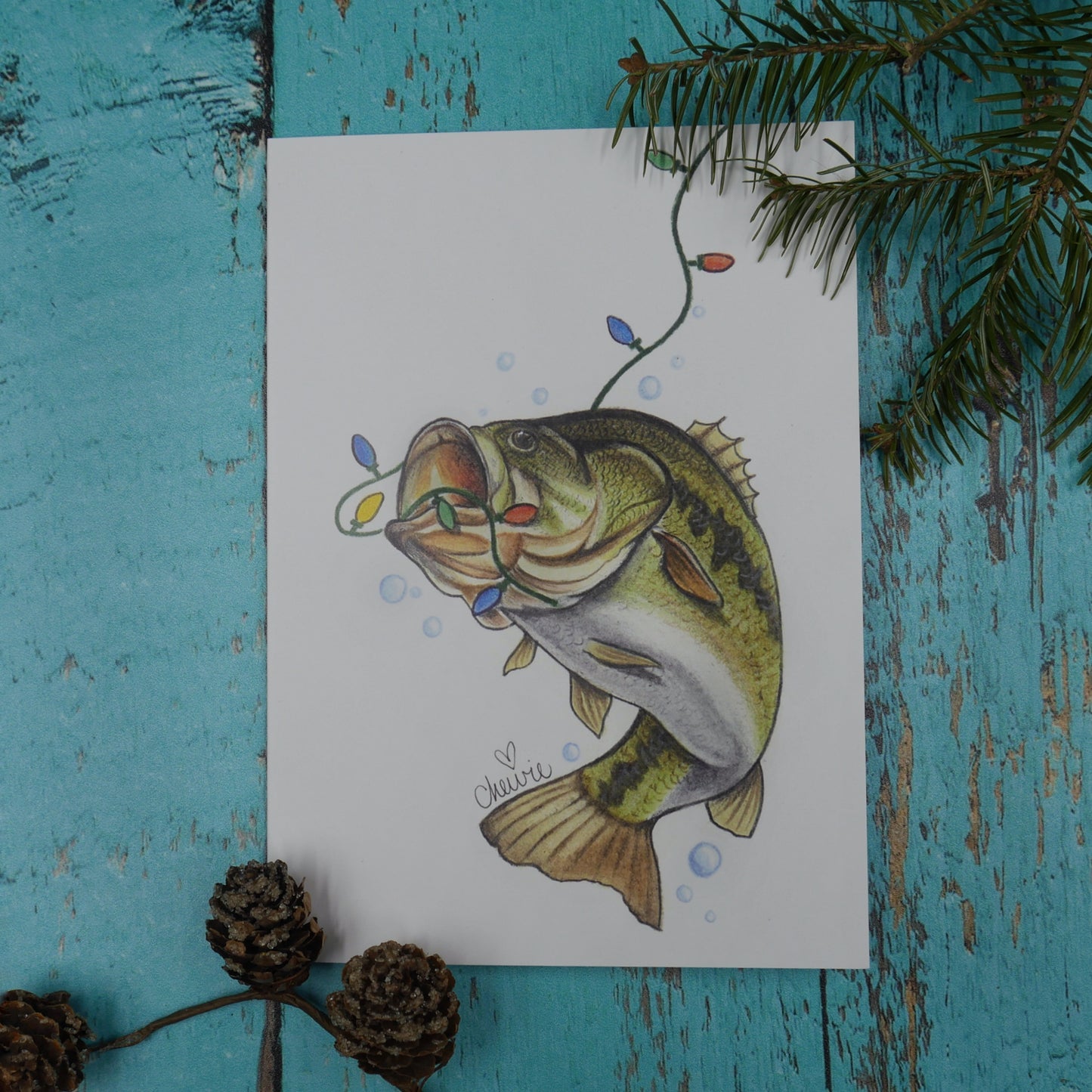 Carte de souhaits achigan avec guirlande lumineuse de Noël