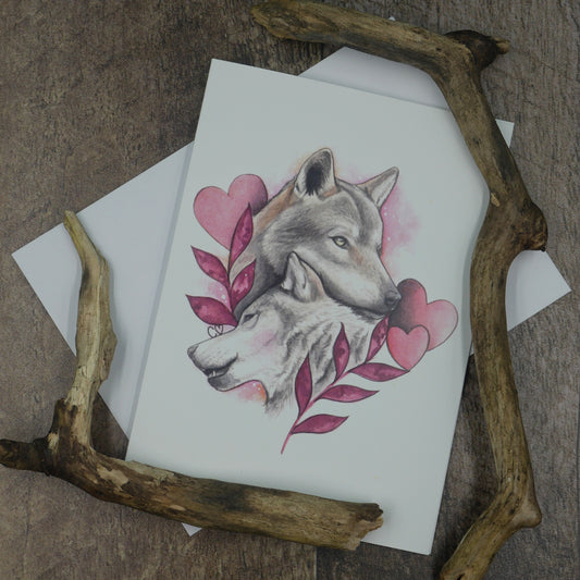 Carte de voeux couple de loups à l'aquarelle