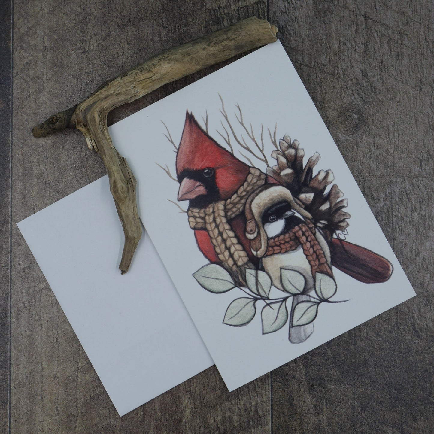 Carte de vœux cardinal rouge et mésange à tête noire