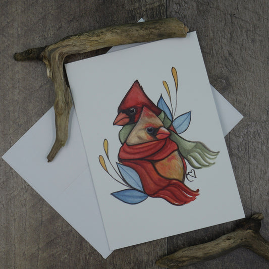 carte de souhaits couple de cardinal rouge avec foulard