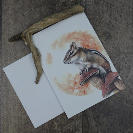 Carte de vœux tamia rayée et ses champignons