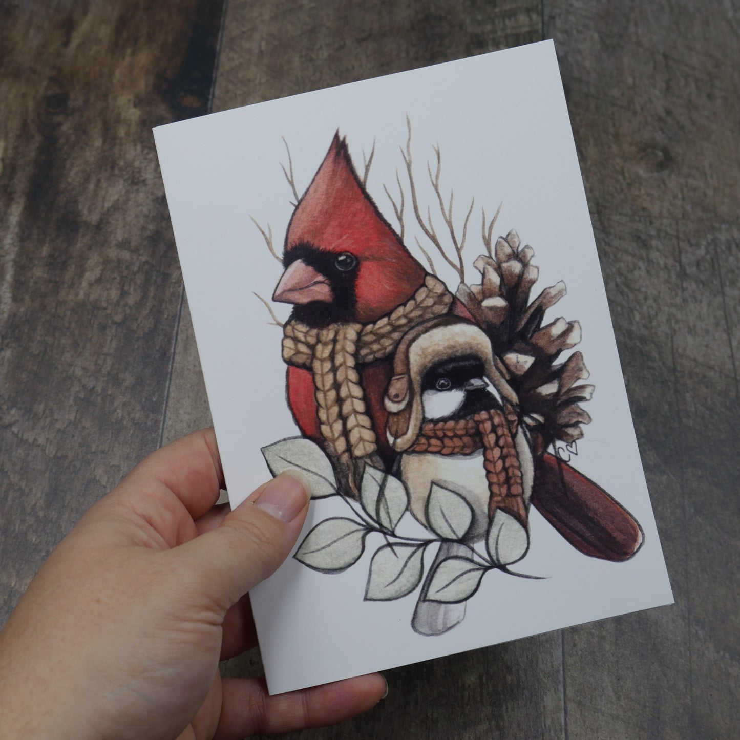 Carte de vœux cardinal rouge et mésange à tête noire