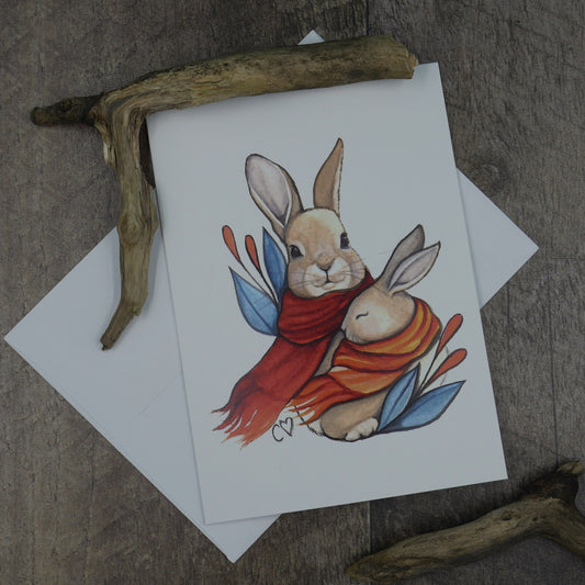 carte de souhaits couple de lapins avec foulard