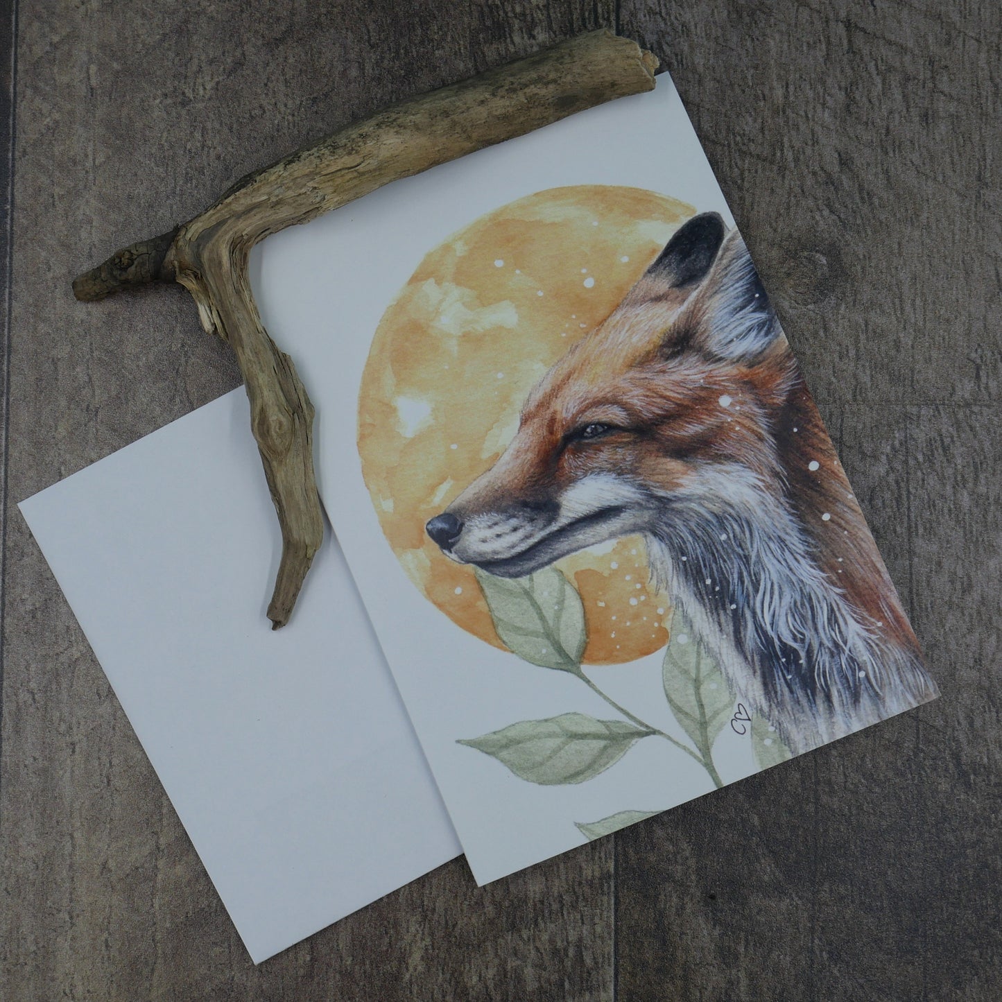 Carte de vœux renard roux et lune