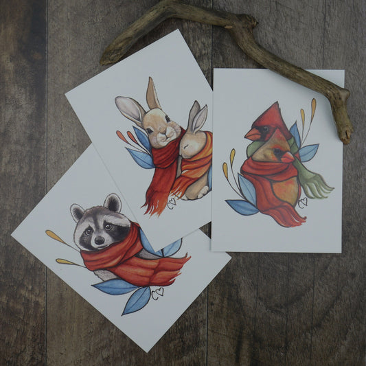 trio de cartes de souhaits, raton laveur, lapins et cardinal
