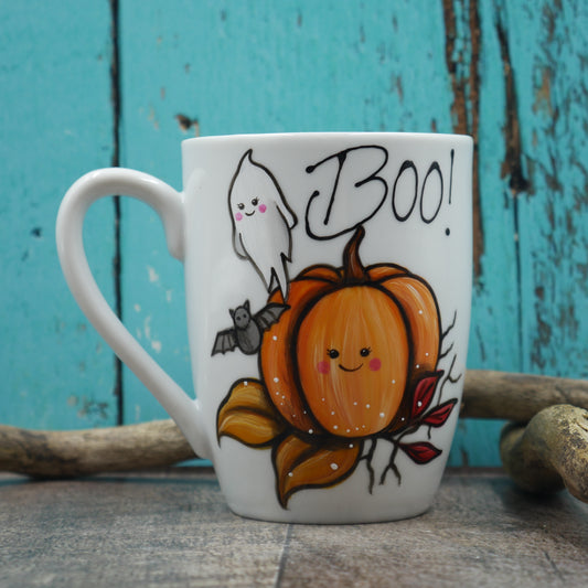 Petite tasse boo, tasse avec citrouille, fantôme et chauve-souris peinte à la main, automne